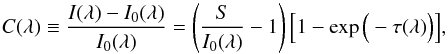 Mathematical equation: \begin{equation} \label{eq:rt} C(\lambda) \equiv \frac{I(\lambda) - I_0(\lambda)}{I_0(\lambda)} = \left(\frac{S}{I_0(\lambda)} - 1 \right) \Big[1 - \exp\Big(-\tau(\lambda)\Big)\Big], \end{equation}