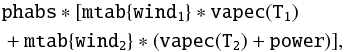 \begin{eqnarray} & & {\tt phabs}*[{\tt mtab\{wind_1\}*vapec(T_1)} \nonumber \\ && + {\tt mtab\{wind_2\}*(vapec(T_2) + power})] \label{eq3} , \end{eqnarray}