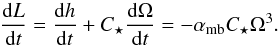 Mathematical equation: \begin{equation} \label{eq:dotL} \frac{{\rm d} L}{{\rm d} t} = \frac{{\rm d} h}{{\rm d }t} + C_\star \frac{{\rm d} \Omega}{{\rm d }t} = -\alpha_{\rm mb} C_\star \Omega^3. \end{equation}