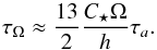 Mathematical equation: \begin{equation} \label{eq:tauomtides} \tau_{\Omega} \approx \frac{13}{2} \frac{C_\star \Omega}{h} \tau_a. \end{equation}