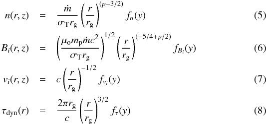 \begin{eqnarray} n(r,z) &=& \frac{\dot m}{\sigma_{\rm T} r_{\rm g}} \left(\frac{r}{r_{\rm g}}\right)^{(p-3/2)} f_n(y) \\ \label{eqn:n_scaling} B_i(r,z) &=& \left (\frac{\mu_{\rm o} m_{\rm p} \dot m c^2}{\sigma_{\rm T} r_{\rm g}} \right )^{1/2} \left(\frac{r}{r_{\rm g}}\right)^{(-5/4 + p/2)} f_{B_i}(y) \label{eqn:B_scaling}\\ v_i(r,z) & = & c \left(\frac{r}{r_{\rm g}}\right)^{-1/2} f_{v_i}(y) \\ \tau_{\rm dyn}(r) & = & \frac{2\pi r_{\rm g}}{c} \left(\frac{r}{r_{\rm g}}\right)^{3/2} f_{\tau}(y) \end{eqnarray}