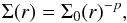 Mathematical equation: \begin{equation} \label{eq:density} \Sigma(r)=\Sigma_0 (r)^{-p} , \end{equation}