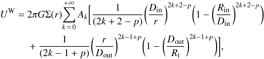 Mathematical equation: \begin{eqnarray} \label{eq:wgap} U^{\rm W} &= & 2\pi G\Sigma(r)\!\sum_{k\,=\,0}^{+\infty}A_{k} \biggl[\frac{1}{(2k+2-p)}\biggl(\frac{D_{\rm in}}{r}\biggr)^{2k+2-p}\biggl(1-\biggl(\frac{R_{\rm in}}{D_{\rm in}}\biggr)^{2k+2-p}\biggr) \notag \\ &&+\frac{1}{(2k-1+p)}\biggl(\frac{r}{D_{\rm out}}\biggr)^{2k-1+p}\biggl(1-\biggl(\frac{D_{\rm out}}{R_{\rm t}}\biggr)^{2k-1+p}\biggr)\biggr], \end{eqnarray}