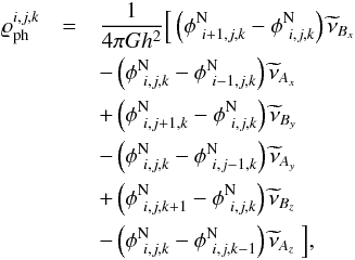 Mathematical equation: \begin{eqnarray} \label{A4} \varrho_{\rm ph}^{i,j,k}&=&\frac{1}{4\pi G h^{2}}\Big{[} \left(\phi^{\rm N}_{~i+1,j,k}-\phi^{\rm N}_{~i,j,k}\right)\widetilde{\nu}_{B_{x}} \nonumber \\ &&-\left(\phi^{\rm N}_{~i,j,k}-\phi^{\rm N}_{~i-1,j,k}\right)\widetilde{\nu}_{A_{x}}\nonumber \\ &&+\left(\phi^{\rm N}_{~i,j+1,k}-\phi^{\rm N}_{~i,j,k}\right)\widetilde{\nu}_{B_{y}}\nonumber \\ &&-\left(\phi^{\rm N}_{~i,j,k}-\phi^{\rm N}_{~i,j-1,k}\right)\widetilde{\nu}_{A_{y}}\nonumber \\ &&+\left(\phi^{\rm N}_{~i,j,k+1}-\phi^{\rm N}_{~i,j,k}\right)\widetilde{\nu}_{B_{z}}\nonumber \\ &&-\left(\phi^{\rm N}_{~i,j,k}-\phi^{\rm N}_{~i,j,k-1}\right)\widetilde{\nu}_{A_{z}}~\Big{]}, \end{eqnarray}
