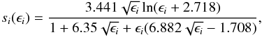 Mathematical equation: \begin{equation} \label{eq5} s_i(\epsilon _i) =\frac{3.441 \sqrt{\epsilon _i}\ln(\epsilon _i + 2.718)}{1+6.35\sqrt{\epsilon _i} + \epsilon _i(6.882\sqrt{\epsilon _i} -1.708)}, \end{equation}