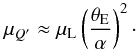 Mathematical equation: \appendix \setcounter{section}{1} \begin{equation} \label{a2} \mu_{Q'} \approx \mu_{\rm L}\left(\frac{\theta_{\rm E}}{\alpha} \right)^2 \cdot \end{equation}