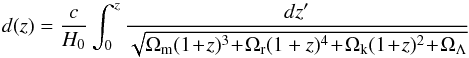 Mathematical equation: \begin{equation} \label{dist} d(z) = \frac{c}{H_0}\int_0^z \frac{dz^\prime}{\sqrt{\Omega_{\rm m}(1\! +\! z)^3 \!+\! \Omega_{\rm r}(1 + z)^4 \!+\! \Omega_{\rm k}(1 \!+\! z)^2 \!+\! \Omega_\Lambda}} \end{equation}