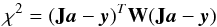 Mathematical equation: \appendix \setcounter{section}{2} \begin{equation} \chi^2 = (\vect{J}\vec{a}-\vec{y})^{T} \vect{W} (\vect{J}\vec{a}-\vec{y}) \vspace*{1mm} \end{equation}