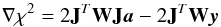 Mathematical equation: \appendix \setcounter{section}{2} \begin{equation} \nabla\chi^2 = 2\vect{J}^T \vect{W} \vect{J} \vec{a} - 2\vect{J}^T \vect{W} \vec{y} \vspace*{1mm} \end{equation}