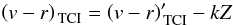 Mathematical equation: \begin{eqnarray} \left( v - r \right)_{\textrm{\,TCI}} = \left( v - r \right)_{\textrm{\,TCI}}' - kZ \end{eqnarray}