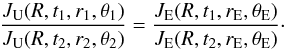 \begin{equation} {\frac{J_{\rm U}(R, t_1, r_1, \theta_1)}{J_{\rm U}(R, t_2, r_2, \theta_2)}} = {\frac{J_{\rm E}(R, t_1, r_{\rm E}, \theta_{\rm E})}{J_{\rm E}(R, t_2, r_{\rm E}, \theta_{\rm E})}} \label{eq:ratio_time}\cdot \end{equation}