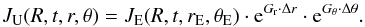 \begin{equation} J_{\rm U}(R,t,r,\theta) = J_{\rm E}(R,t,r_{\rm E},\theta_{\rm E}) \cdot {\rm e}^{G_{\rm r}\cdot\Delta r} \cdot {\rm e}^{G_{\theta}\cdot\Delta\theta} \label{equation3} . \end{equation}