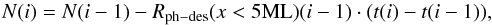 Mathematical equation: \begin{equation} N(i) = N(i-1) - R_{\rm ph-des}(x < 5{\rm ML})(i-1) \cdot (t(i)-t(i-1)) \label{r_ph_des1} , \end{equation}