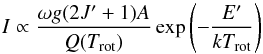 \begin{equation} I \propto \frac{\omega g (2J'+1)A}{Q(T_{\rm rot})} \exp{\left(-\frac{E'}{kT_{\rm rot}}\right)} \label{eq:rotational} \end{equation}