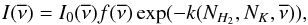 \begin{eqnarray} I(\overline{\nu}) = I_0(\overline{\nu})f(\overline{\nu}) \exp(-k(N_{H_2}, N_K, \overline{\nu})) \label{eq:abs} , \end{eqnarray}