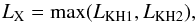 Mathematical equation: \begin{equation} L_{\rm X}={\rm max}(L_{\rm KH1},L_{\rm KH2}), \label{eq:lkh12} \end{equation}