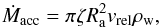 Mathematical equation: \appendix \setcounter{section}{1} \begin{equation} \dot{M}_{\rm acc}=\pi \zeta R_{\rm a}^2 v_{\rm rel} \rho_{\rm w} \label{eq:acrrate} , \end{equation}