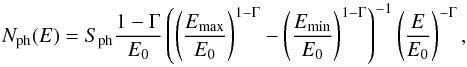 Mathematical equation: \begin{equation} N_\mathrm{ph}(E) = S_\mathrm{ph} \frac{1-\Gamma}{E_0} \left( \left(\frac{E_\mathrm{max}}{E_0}\right)^{1-\Gamma} - \left(\frac{E_\mathrm{min}}{E_0}\right)^{1-\Gamma} \right)^{-1} \left( \frac{E}{E_0}\right)^{-\Gamma} , \end{equation}