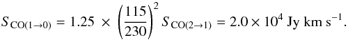 Mathematical equation: \begin{equation} \label{eq:Sco10} \Sco{1}{0}{} = 1.25 ~\times~ \left( \frac{115}{230} \right)^2 \Sco{2}{1}{} = \Sco{}{}{2.0\times10^4}. \end{equation}