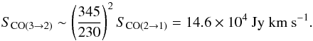 Mathematical equation: \begin{equation} \label{eq:Sco32} \Sco{3}{2}{} \sim \left( \frac{345}{230} \right)^2 \Sco{2}{1}{} = \Sco{}{}{14.6\times10^4}. \end{equation}