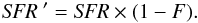 Mathematical equation: \begin{equation} \SFRp{}{} = \SFR{}{} \times (1-\CLUMP{}{}). \end{equation}