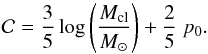 Mathematical equation: \begin{equation} \label{eq:CMP} \CMP{}{}=\frac{3}{5}\log\left(\frac{\Mcl{}{}}{\Msun{}{}}\right) + \frac{2}{5}~\PRS{}{}. \end{equation}