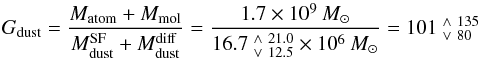 Mathematical equation: \begin{equation} \label{eq:Gdust} \Gdust{}{} = \frac{ M_{\rm atom} + M_{\rm mol} } { M^{\rm SF}_{\rm dust} + M^{\rm diff}_{\rm dust} } = \frac{\Msun{1.7}{9}}{\Msun{\Vlim{\MTDmin}{\MTDave}{\MTDmax}}{6}} = \Vlim{\GTDmin}{\GTDave}{\GTDmax} \end{equation}