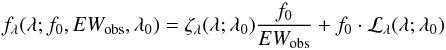 Mathematical equation: \begin{equation} f_\mathrm{\lambda}(\lambda;f_0,EW_\mathrm{obs},\lambda_0)= \zeta_{\lambda}(\lambda;\lambda_0)\frac{f_0}{EW_\mathrm{obs}} + f_0 \cdot \mathcal{L}_\lambda (\lambda;\lambda_0) \label{eq_model_simple} \end{equation}