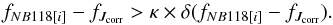 Mathematical equation: \begin{equation} f_{NB118[{i}]} - f_{J_{\mathrm{corr}}} > \kappa \times \delta(f_{NB118[{i}]} - f_{J_{\mathrm{corr}}}) \label{eq:colsig} . \end{equation}