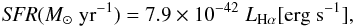 Mathematical equation: \begin{eqnarray} {\it SFR}(M_\odot\;\mathrm{yr}^{-1}) = 7.9 \times 10^{-42}\;L_{\mathrm{H}\alpha}[\mathrm{erg}\;\mathrm{s}^{-1}], \label{eq:convoiiha} \end{eqnarray}