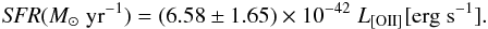 Mathematical equation: \begin{eqnarray} {\it SFR}(M_\odot\;\mathrm{yr}^{-1}) = (6.58\pm1.65) \times 10^{-42}\;L_\mathrm{[OII]}[\mathrm{erg}\;\mathrm{s}^{-1}] \label{eq:convoiiha2} . \end{eqnarray}