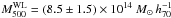 Mathematical equation: \hbox{$M_{500}^{\rm WL}=(8.5\pm1.5)\times10^{14}~M_\odot\,h_{70}^{-1}$}