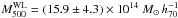 Mathematical equation: \hbox{$M_{500}^{\rm WL}=(15.9\pm4.3)\times10^{14}~M_\odot\,h_{70}^{-1}$}