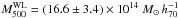 Mathematical equation: \hbox{$M_{500}^{\rm WL}=(16.6\pm3.4)\times10^{14}~M_\odot\,h_{70}^{-1}$}