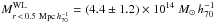 Mathematical equation: \hbox{$M_{r\,<\,0.5~{\rm Mpc}\,h_{70}^{-1}}^{\rm WL}=(4.4\pm1.2)\times10^{14}~M_\odot\,h_{70}^{-1}$}
