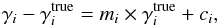 Mathematical equation: \begin{equation} \label{eq:gammastep2} \gamma_i - \gamma_i^{\rm true} = m_i\times\gamma_i^{\rm true}+c_i, \end{equation}