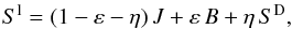 Mathematical equation: \begin{equation} S^{\rm l} = (1-\varepsilon-\eta)\,J + \varepsilon\,B + \eta\,S^\rmD, \label{eq:Sline} \end{equation}