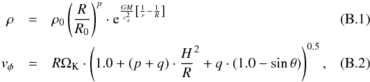 Mathematical equation: \appendix \setcounter{section}{2} \begin{eqnarray} \rho&=& \rho_0 \left ( \frac{R}{R_0} \right )^p \cdot {\rm e}^{\frac{G M}{c_s^2} \left[ \frac{1}{r} - \frac{1}{R} \right ]}\\ {\it v}_\phi&=& R \Omega_{\rm K} \cdot \left ( 1.0+(p+q) \cdot \frac{H}{R}^2 + q \cdot (1.0-\sin \theta) \right )^{0.5}, \end{eqnarray}