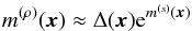 Mathematical equation: \begin{eqnarray} m^{(\rho)}(\vec{x}) \approx \Delta(\vec{x})\mathrm{e}^{m^{(s)}(\vec{x})} \end{eqnarray}