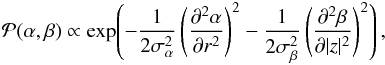 Mathematical equation: \begin{eqnarray} \mathcal{P}(\alpha,\beta) \propto \exp\!\left(- \frac{1}{2 \sigma_\alpha^2} \left(\frac{\partial^2 \alpha}{\partial r^2} \right)^2 - \frac{1}{2 \sigma_\beta^2} \left(\frac{\partial^2 \beta}{\partial |z|^2} \right)^2 \right), \end{eqnarray}