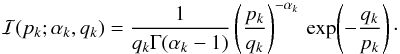 Mathematical equation: \appendix \setcounter{section}{1} \begin{eqnarray} \mathcal{I}(p_k;\alpha_k,q_k) = \frac{1}{q_k\Gamma(\alpha_k-1)} \left( \frac{p_k}{q_k} \right)^{-\alpha_k}\, \exp\!\left( - \frac{q_k}{p_k} \right)\cdot \end{eqnarray}