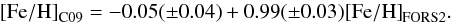 Mathematical equation: \begin{equation} {\rm [Fe/H]}_{\rm C09} = -0.05(\pm0.04) + 0.99(\pm0.03){\rm [Fe/H]}_{\rm FORS2} \label{eq:fesh-car09} . \end{equation}