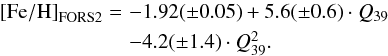 Mathematical equation: \begin{equation} \begin{array}{@{}ll} {\rm [Fe/H]}_{\rm FORS2} =&\!\!\!\! -1.92(\pm 0.05) + 5.6(\pm 0.6)\cdot Q_{39} \\[1mm] &\!\!\!\!-4.2(\pm 1.4)\cdot Q_{39}^2. \end{array} \label{eq:q39-d14} \end{equation}