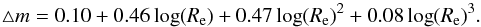 Mathematical equation: \begin{equation} \triangle m = 0.10 + 0.46 \log(R_{\rm e}) + 0.47 \log(R_{\rm e})^2 + 0.08 \log(R_{\rm e})^3 . \end{equation}