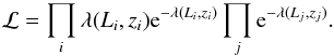 Mathematical equation: \begin{eqnarray} \mathcal{L} = \prod_i \lambda(L_i,z_i) {\rm e}^{-\lambda(L_i,z_i)} \prod_j {\rm e}^{-\lambda(L_j,z_j)} . \end{eqnarray}