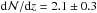 Mathematical equation: \hbox{${\rm d}{\cal N}/{\rm d}z=2.1\pm 0.3$}