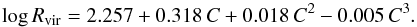 Mathematical equation: \begin{equation} {\rm log}\,R_{\rm vir}= 2.257+0.318\,C+ 0.018\,C^2- 0.005\,C^3. \end{equation}