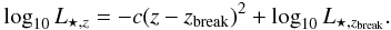 Mathematical equation: \begin{eqnarray} \log_{10} L_{\star,z} = -c(z-z_{\rm break})^2 + \log_{10} L_{\star,z_{\rm break}}. \end{eqnarray}
