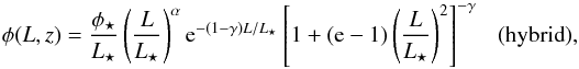 Mathematical equation: \begin{eqnarray} \phi(L,z) = \frac{\phi_\star}{L_\star} \left( \frac L{L_\star} \right)^\alpha {\rm e}^{-(1-\gamma)L/L_\star} \left[ 1 + (\rme-1)\left(\frac{L}{L_\star}\right)^2 \right]^{-\gamma} ~~~({\rm hybrid}), \label{eq:model1-b.hybrid} \end{eqnarray}