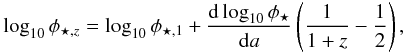 Mathematical equation: \begin{eqnarray} \log_{10}\phi_{\star,z} = \log_{10}\phi_{\star,1} + \frac{\D\log_{10}\phi_\star}{\D a}\left( \frac1{1+z} - \frac12 \right), \label{eq:sDE} \end{eqnarray}